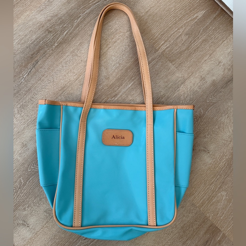 Jon Hart Design tote - ocean blue coated canvas with natural leather trim.